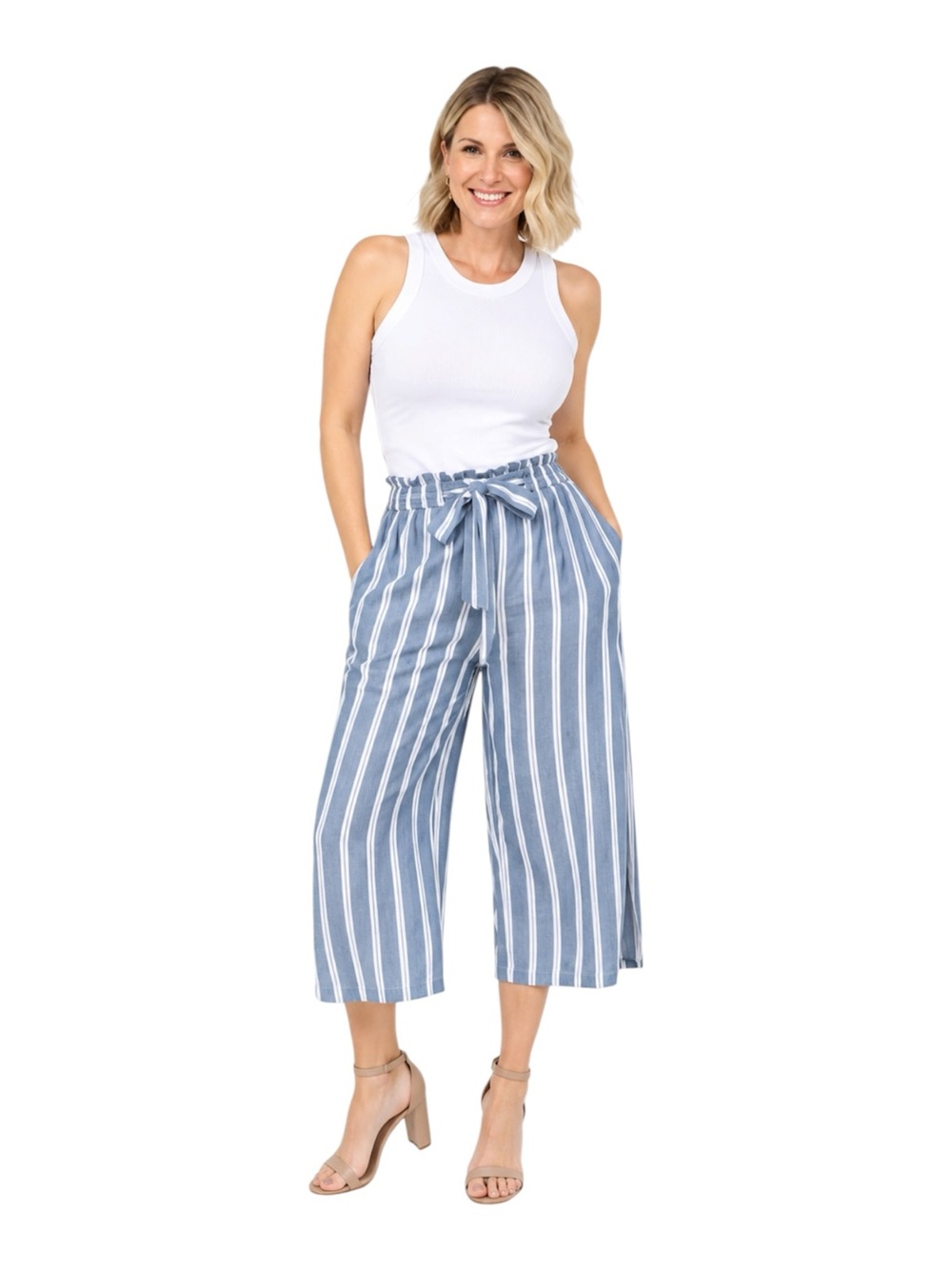 Nostalgia Blue & White Striped Paperbag Waist Wide-Leg Cropped Pants Front Tie L